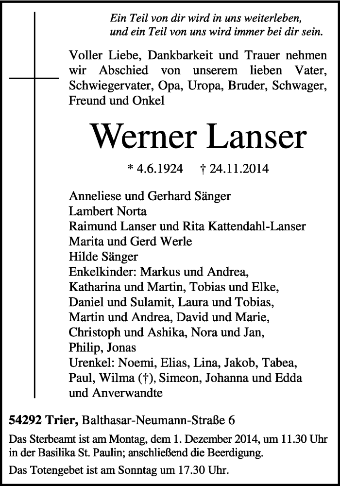  Traueranzeige für Werner Lanser vom 29.11.2014 aus trierischer_volksfreund