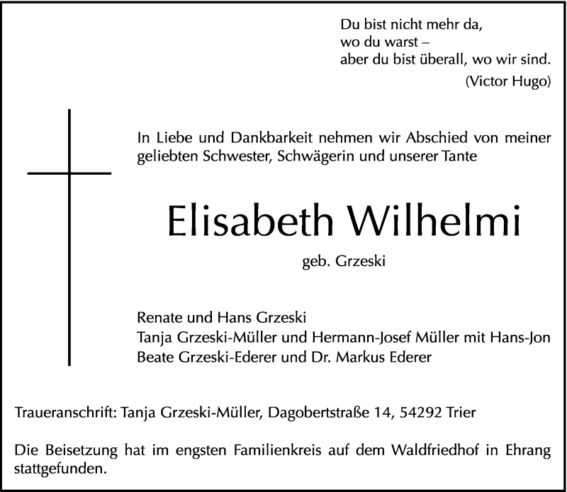  Traueranzeige für Elisabeth Wilhelmi vom 04.12.2014 aus trierischer_volksfreund