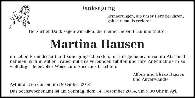  Traueranzeige für Martina Hausen vom 06.12.2014 aus trierischer_volksfreund