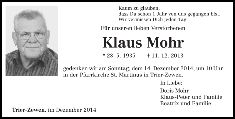 Traueranzeige für Klaus Mohr vom 06.12.2014 aus trierischer_volksfreund