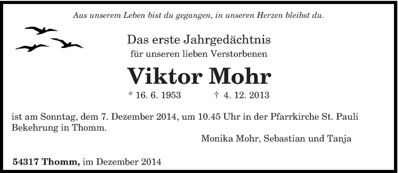  Traueranzeige für Viktor Mohr vom 03.12.2014 aus trierischer_volksfreund