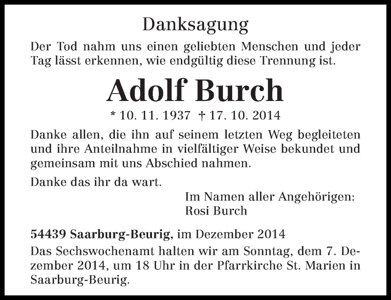  Traueranzeige für Adolf Burch vom 03.12.2014 aus trierischer_volksfreund
