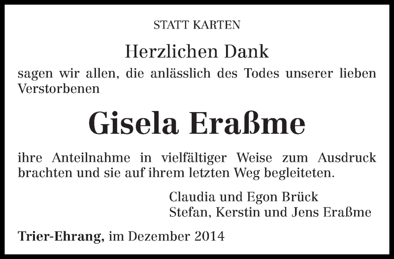  Traueranzeige für Gisela Eraßme vom 06.12.2014 aus trierischer_volksfreund