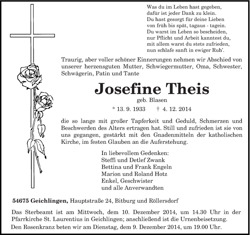  Traueranzeige für Josefine Theis vom 06.12.2014 aus trierischer_volksfreund
