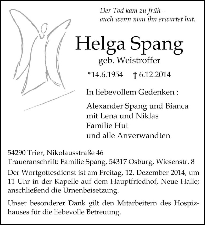  Traueranzeige für Helga Spang vom 10.12.2014 aus trierischer_volksfreund