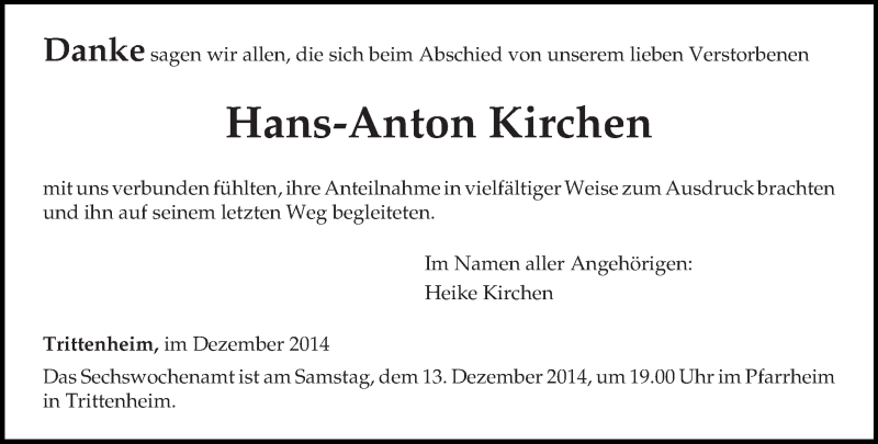  Traueranzeige für Hans-Anton Kirchen vom 10.12.2014 aus trierischer_volksfreund