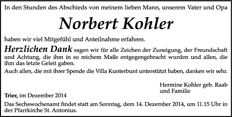  Traueranzeige für Norbert  Kohler vom 11.12.2014 aus trierischer_volksfreund