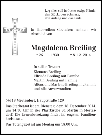 Traueranzeige von Magdalena Breiling von trierischer_volksfreund