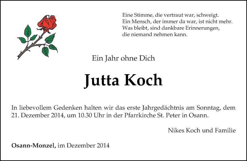  Traueranzeige für Jutta Koch vom 13.12.2014 aus trierischer_volksfreund