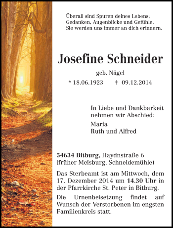 Traueranzeige von Josefine Schneider von trierischer_volksfreund