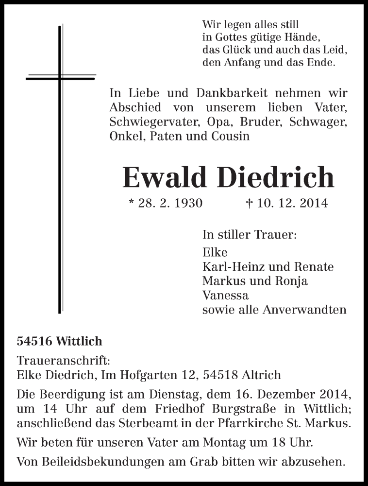  Traueranzeige für Ewald Diedrich vom 13.12.2014 aus trierischer_volksfreund