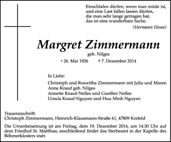 Traueranzeige von Margret Zimmermann von trierischer_volksfreund