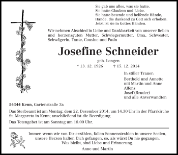 Traueranzeige von Josefine Schneider von trierischer_volksfreund