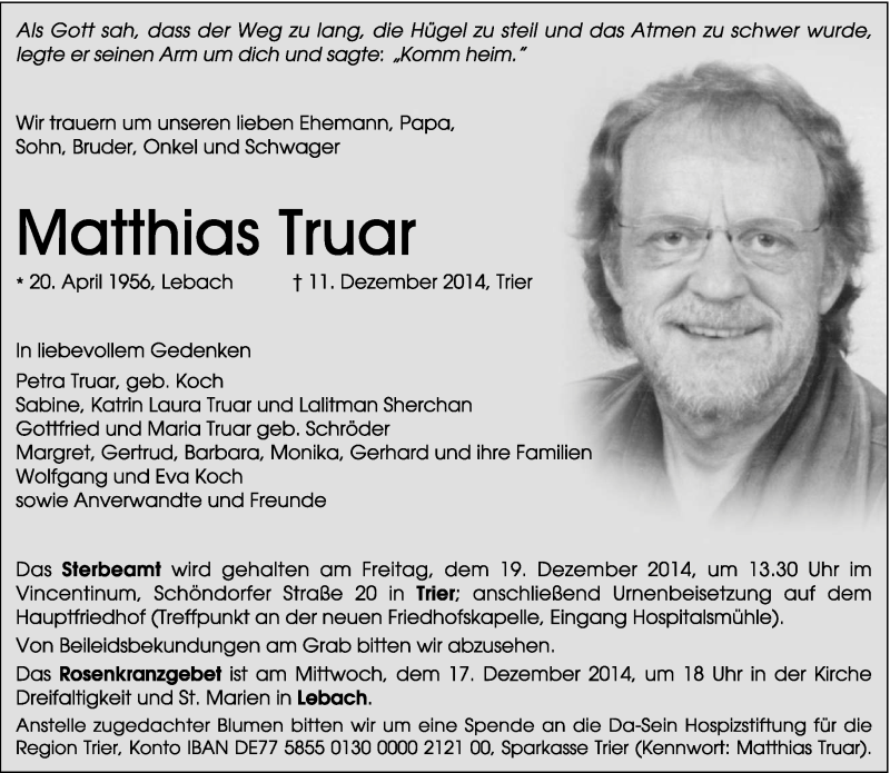  Traueranzeige für Matthias Truar vom 16.12.2014 aus trierischer_volksfreund