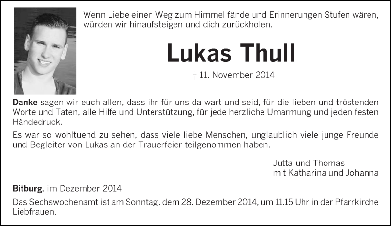  Traueranzeige für Lukas Thull vom 20.12.2014 aus trierischer_volksfreund
