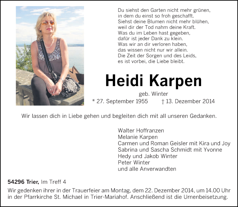  Traueranzeige für Heidi Karpen vom 17.12.2014 aus trierischer_volksfreund