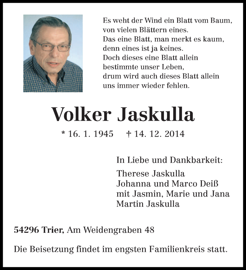  Traueranzeige für Volker Jaskulla vom 20.12.2014 aus trierischer_volksfreund