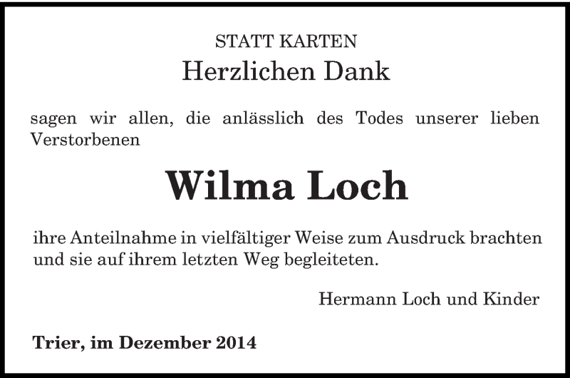  Traueranzeige für Wilma Loch vom 20.12.2014 aus trierischer_volksfreund