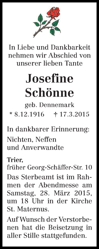 Traueranzeige von Josefine Schönne von trierischer_volksfreund