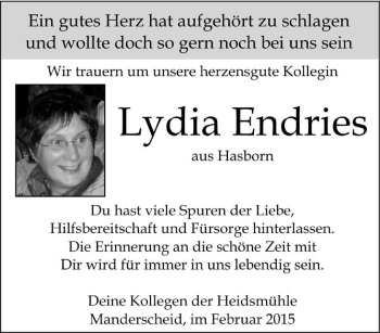 Traueranzeige von Lydia Endries von trierischer_volksfreund