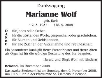 Traueranzeige von Marianne Wolf von TRIERISCHER VOLKSFREUND