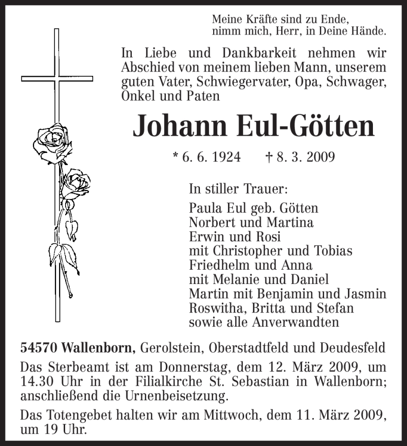  Traueranzeige für Johann Eul-Götten vom 10.03.2009 aus TRIERISCHER VOLKSFREUND