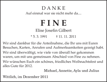 Traueranzeige von Elise Josefin Gilbert von TRIERISCHER VOLKSFREUND