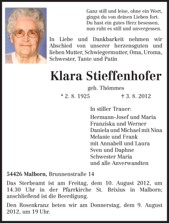 Traueranzeige von Klara Stieffenhofer von TRIERISCHER VOLKSFREUND