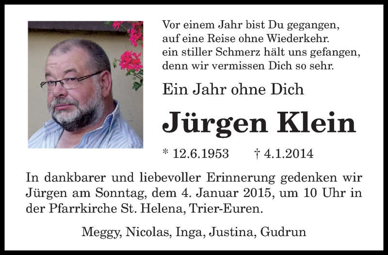  Traueranzeige für Jürgen Klein vom 03.01.2015 aus trierischer_volksfreund