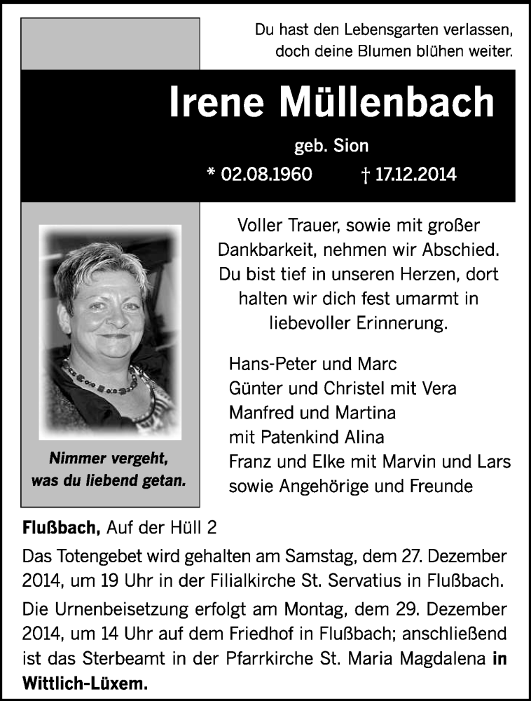  Traueranzeige für Irene Müllenbach vom 20.12.2014 aus trierischer_volksfreund