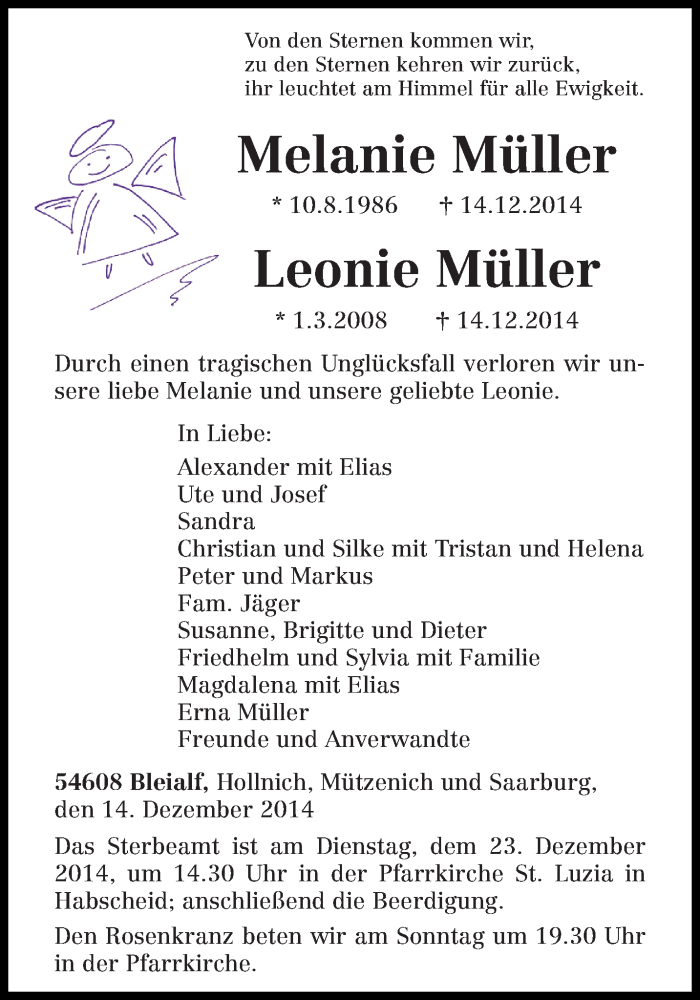 Traueranzeige für Melanie und Leonie Müller vom 20.12.2014 aus trierischer_volksfreund