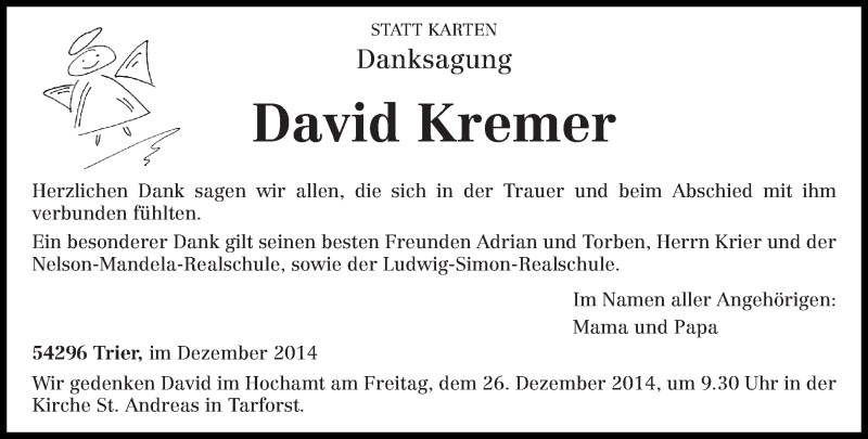  Traueranzeige für David Kremer vom 24.12.2014 aus trierischer_volksfreund