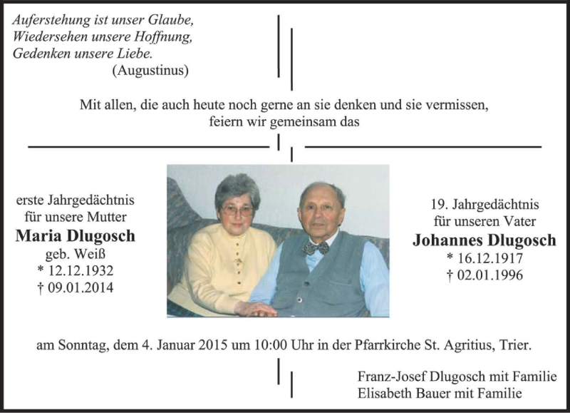  Traueranzeige für Maria und Johannes Dlugosch vom 27.12.2014 aus trierischer_volksfreund