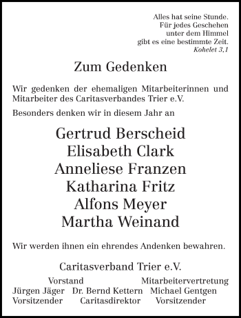 Traueranzeige von Gedenken Caritasverbandes Trier e.V. von trierischer_volksfreund