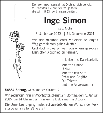 Traueranzeige von Inge Simon von trierischer_volksfreund