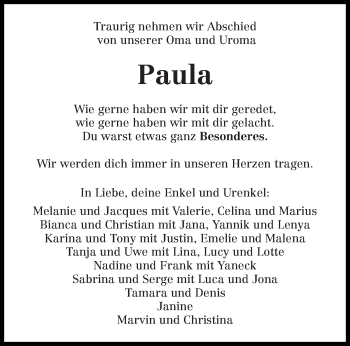Traueranzeige von Paula  von trierischer_volksfreund