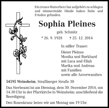 Traueranzeige von Sophia Pleines von trierischer_volksfreund