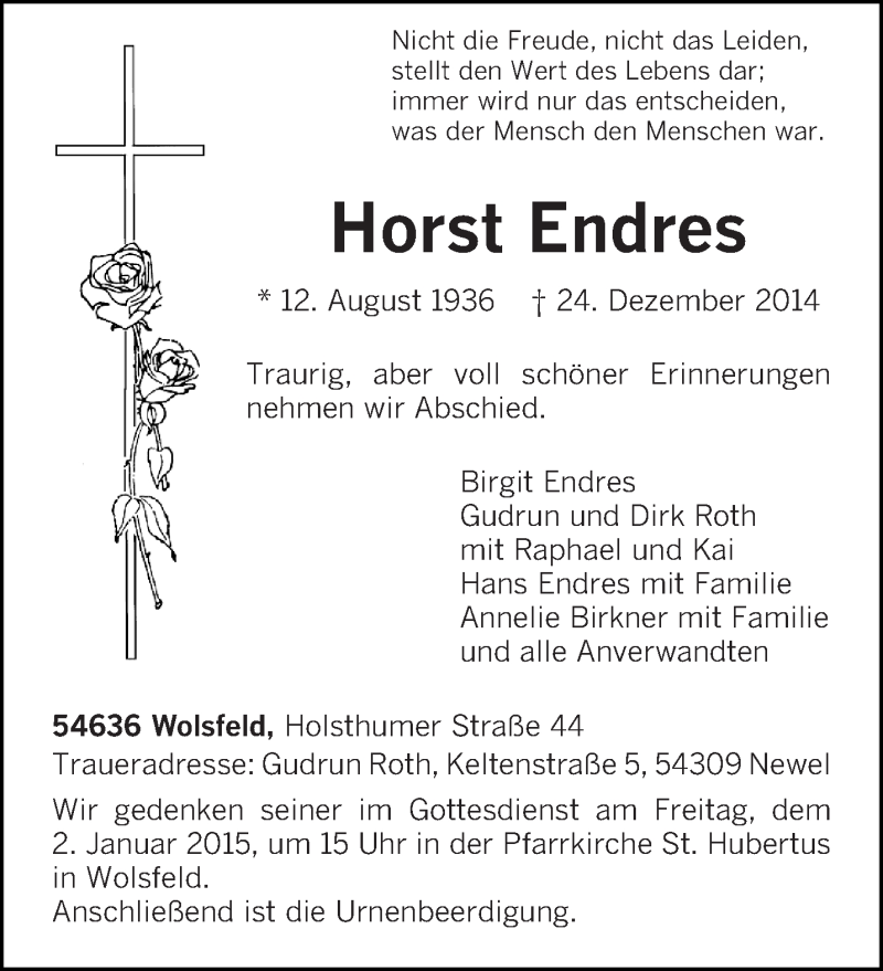  Traueranzeige für Horst Endres vom 27.12.2014 aus trierischer_volksfreund