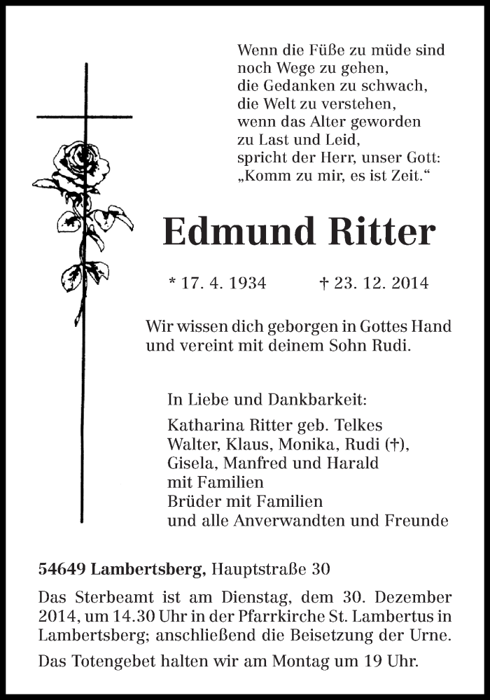  Traueranzeige für Edmund Ritter vom 27.12.2014 aus trierischer_volksfreund