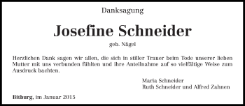 Traueranzeige von Josefine Schneider von trierischer_volksfreund
