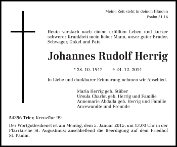 Traueranzeige von Johannes Rudolf Herrig von trierischer_volksfreund