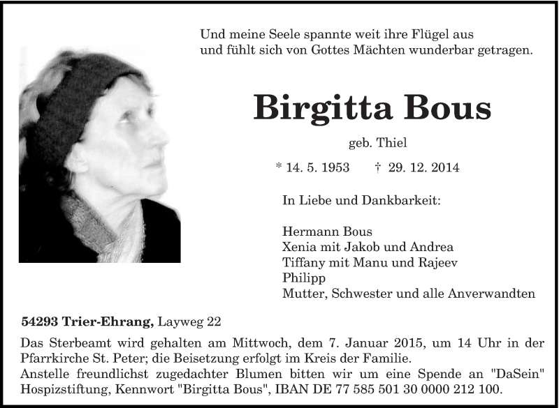  Traueranzeige für Birgitta Bous vom 02.01.2015 aus trierischer_volksfreund