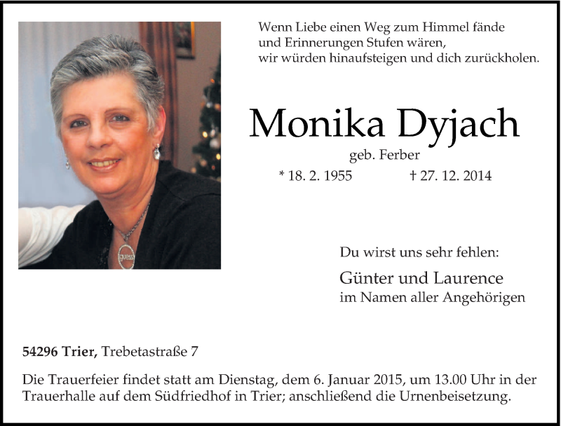  Traueranzeige für Monika Dyjach vom 03.01.2015 aus trierischer_volksfreund