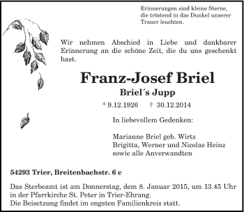 Traueranzeige von Franz-Josef Briel von trierischer_volksfreund