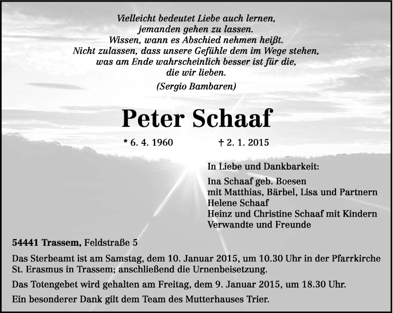  Traueranzeige für Peter Schaaf vom 05.01.2015 aus trierischer_volksfreund
