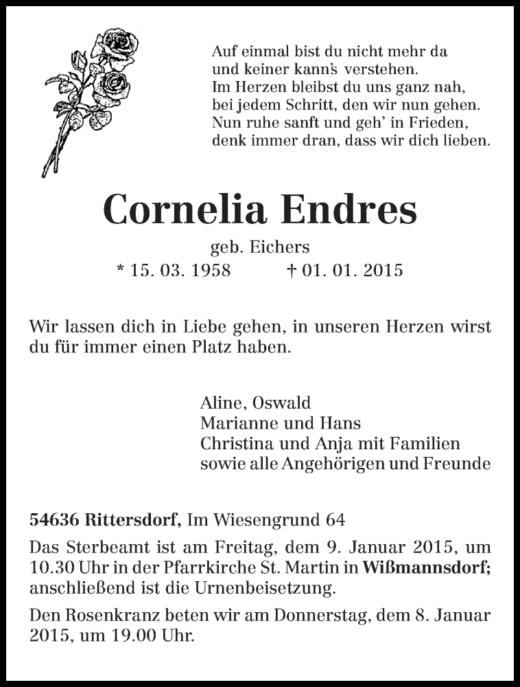  Traueranzeige für Cornelia Endres vom 07.01.2015 aus trierischer_volksfreund