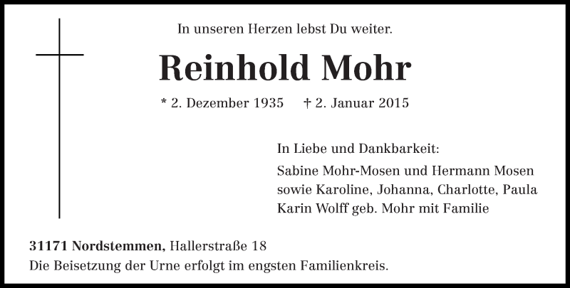  Traueranzeige für Reinhold Mohr vom 10.01.2015 aus trierischer_volksfreund