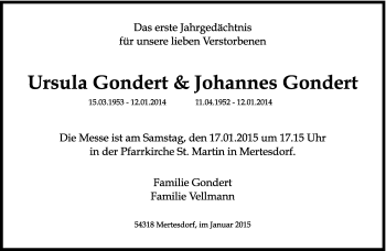 Traueranzeige von Ursula & Johannes Gondert von trierischer_volksfreund