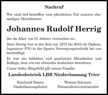 Traueranzeige von Johannes Rudolf Herrig von trierischer_volksfreund