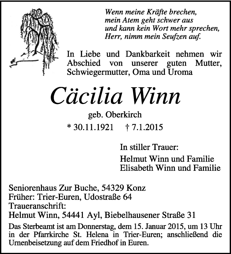  Traueranzeige für Cäcilia Winn vom 12.01.2015 aus trierischer_volksfreund